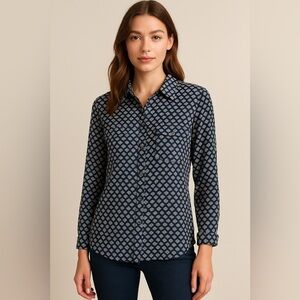 💙 Talbots Fan Print Button-Up Collared Blouse – Navy Blue (Size 12) 💙